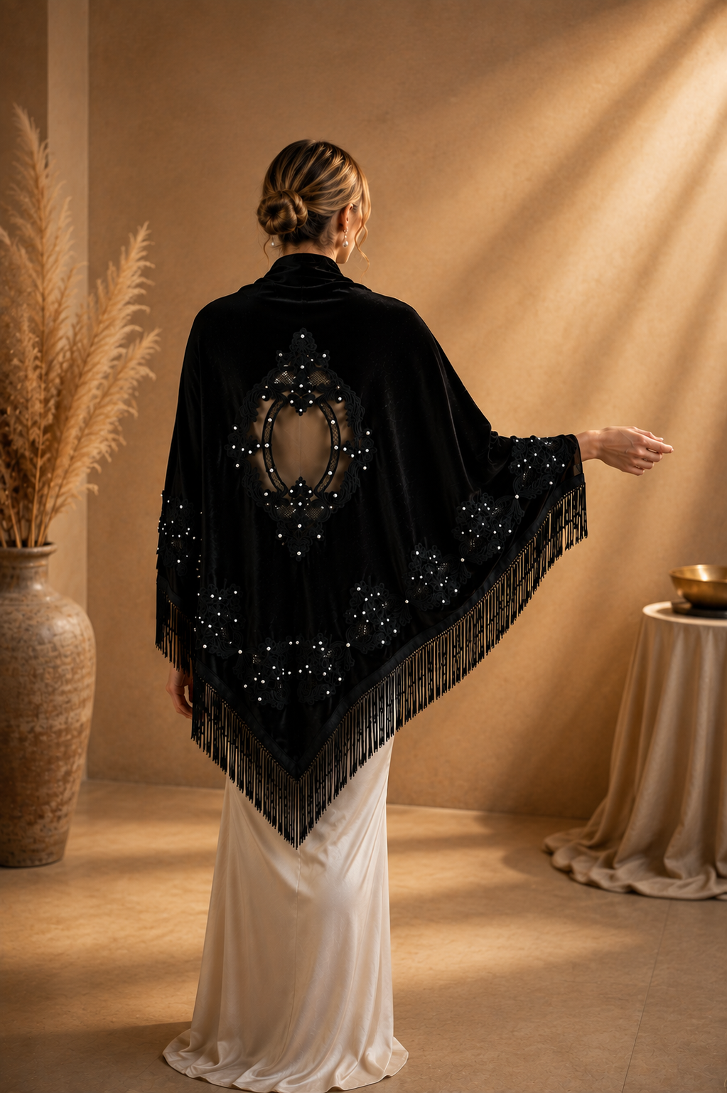 Black Embroidery Velvet Shawl with Pearl