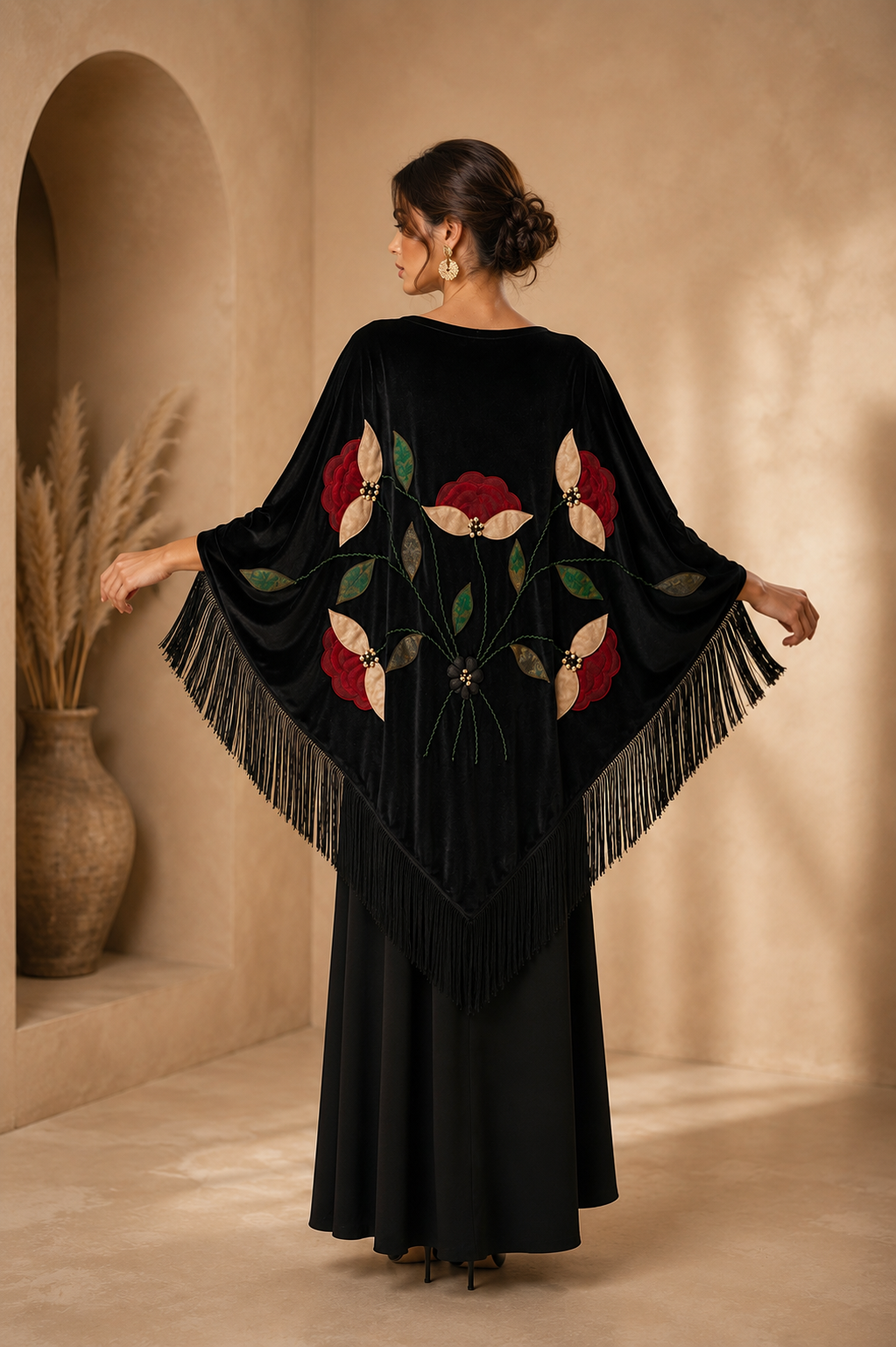 Handmade Embellisment Red Flower Aplique Velvet Black Shawl