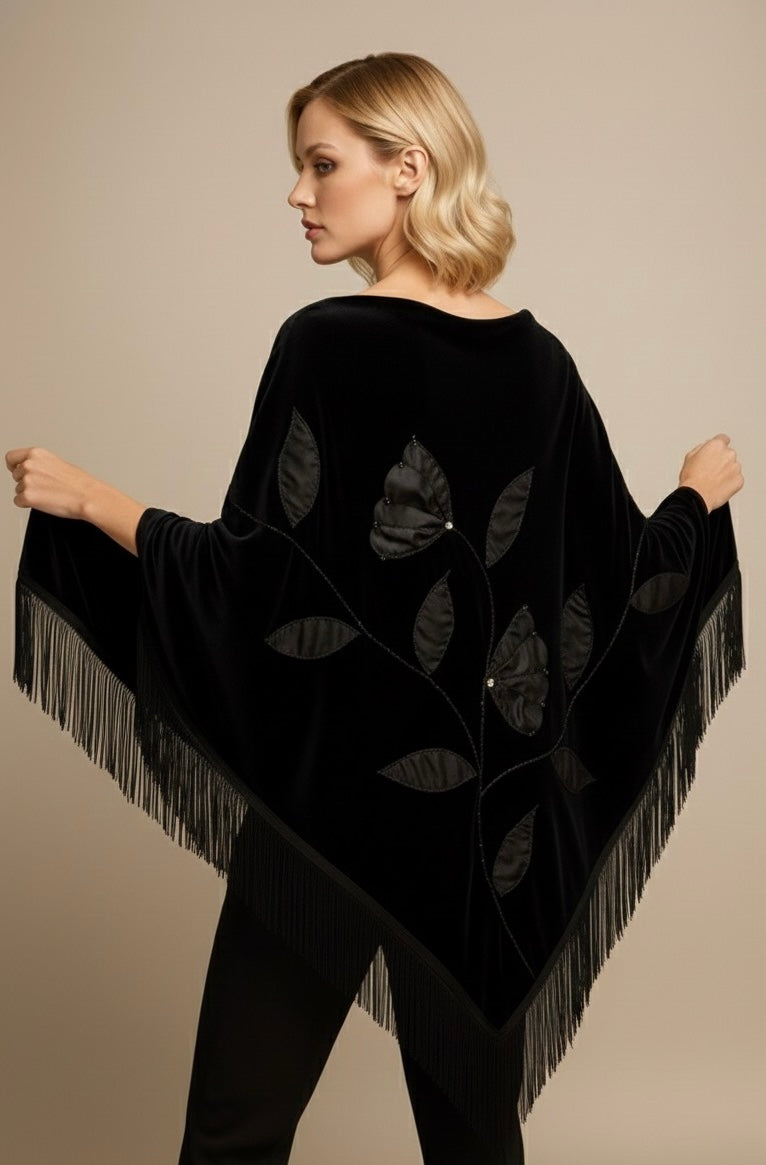 Handmade Embellisment and Flower Aplique Velvet Black Shawl