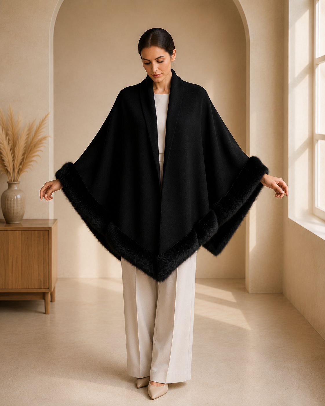Black Plain Knit Shawl with Faux Fur