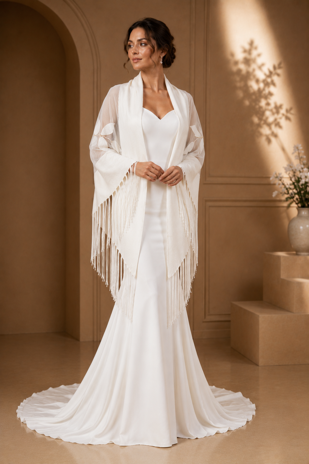 White Bridal Knit and Tulle Shawl