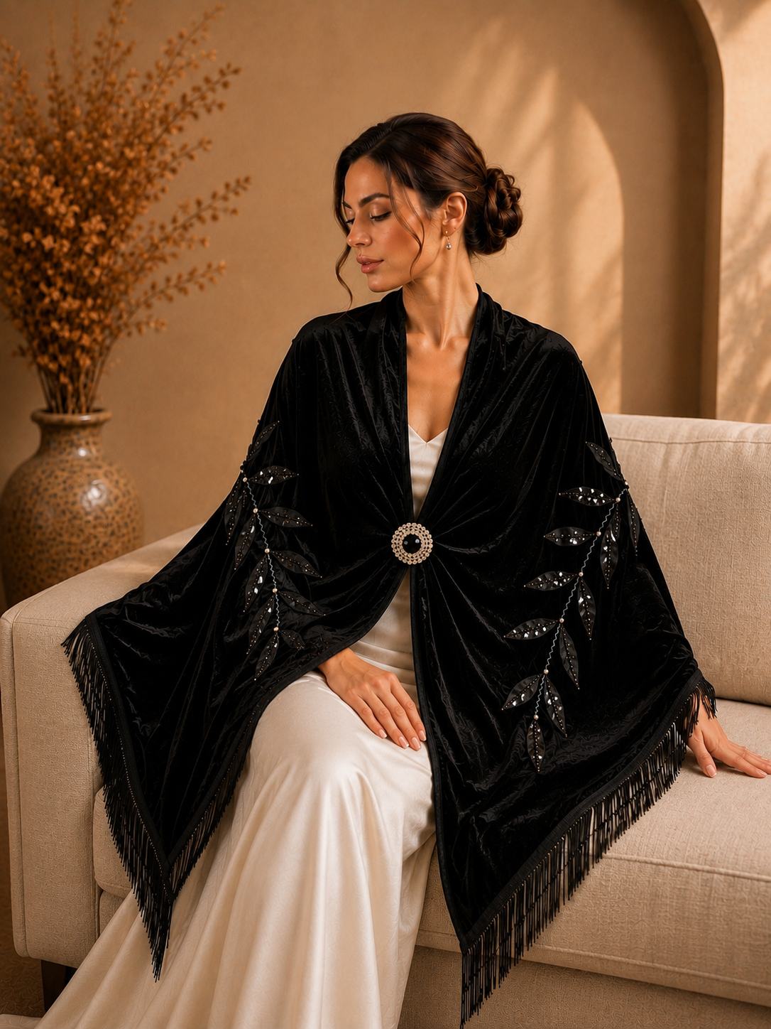 Black Velvet Shawl with Floral Applique