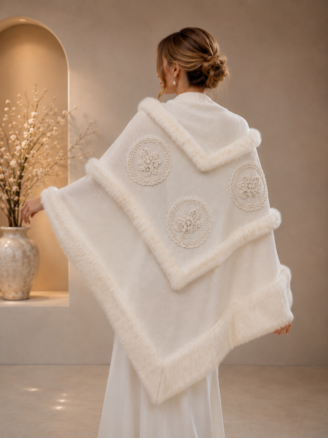 Embroidered White Wool Shawl