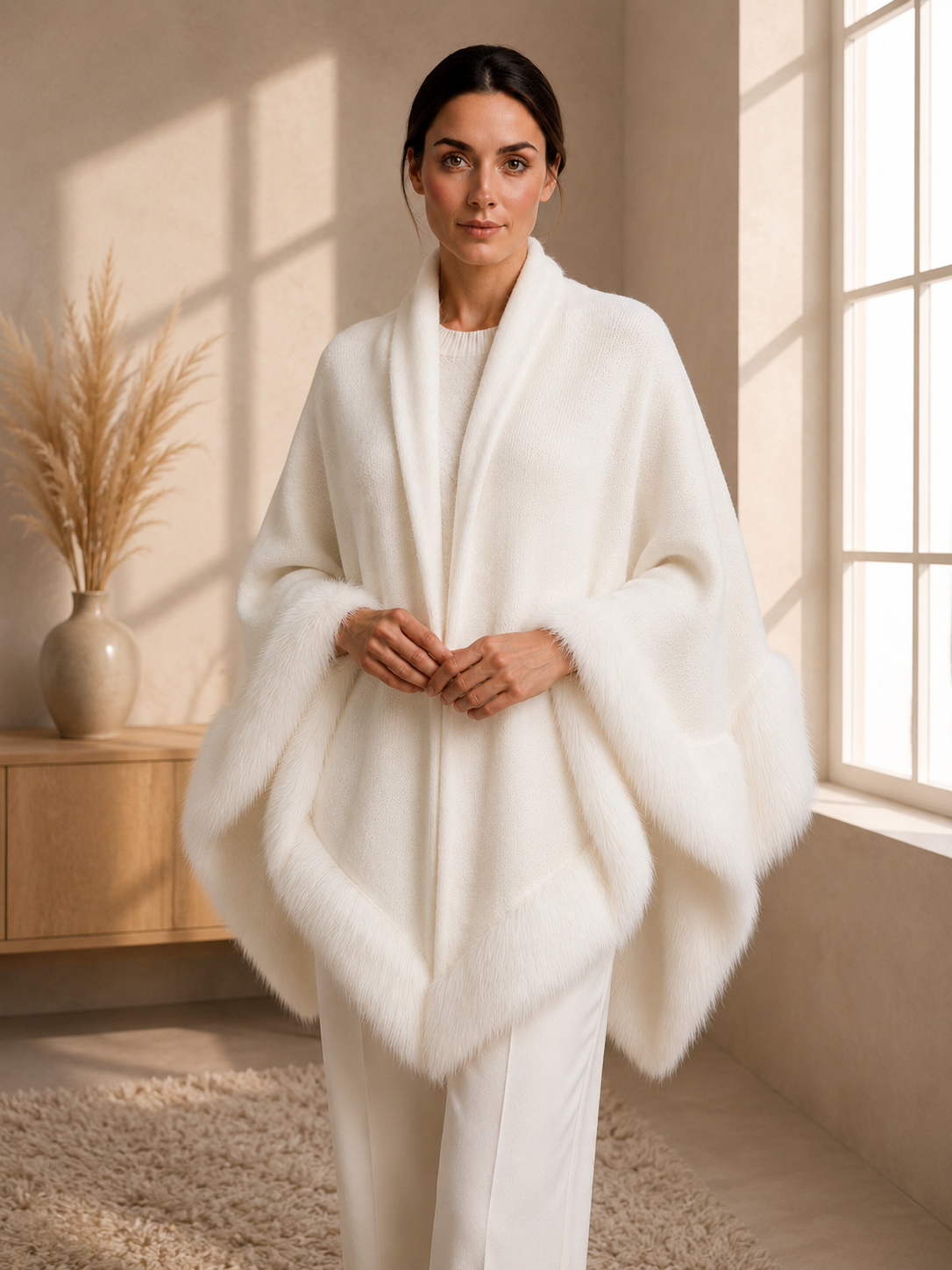 White Plain Wedding Knit Shawl with Faux Fur