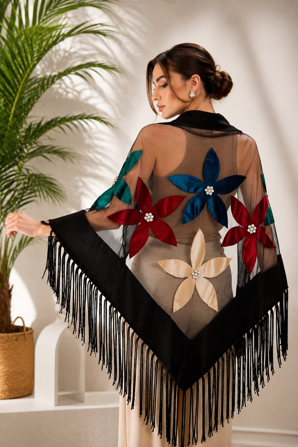 Colorful Velvet Flowers Knit and Tulle Shawl