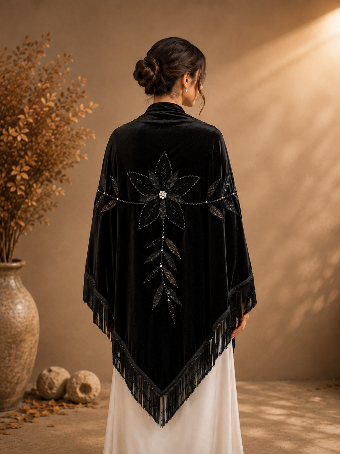 Black Velvet Shawl with Floral Applique