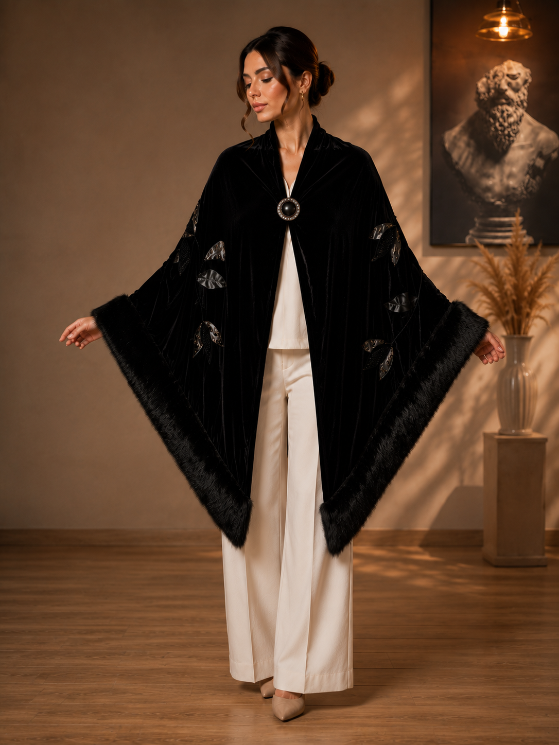 Faux Fur and Velvet Shawl with Aplique