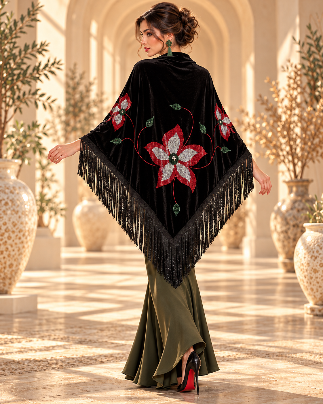 Velvet Shawl with Crystal Floral Stones