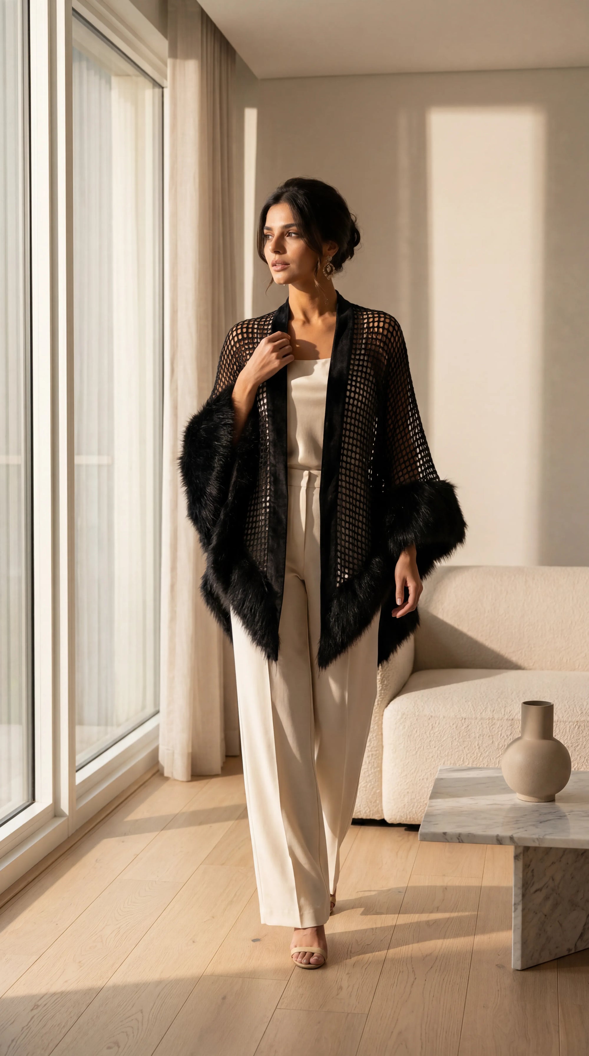 Black Mesh and Faux Fur Shawl