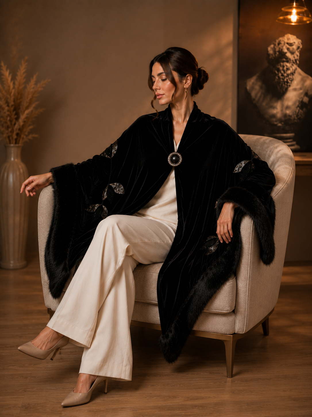 Faux Fur and Velvet Shawl with Aplique