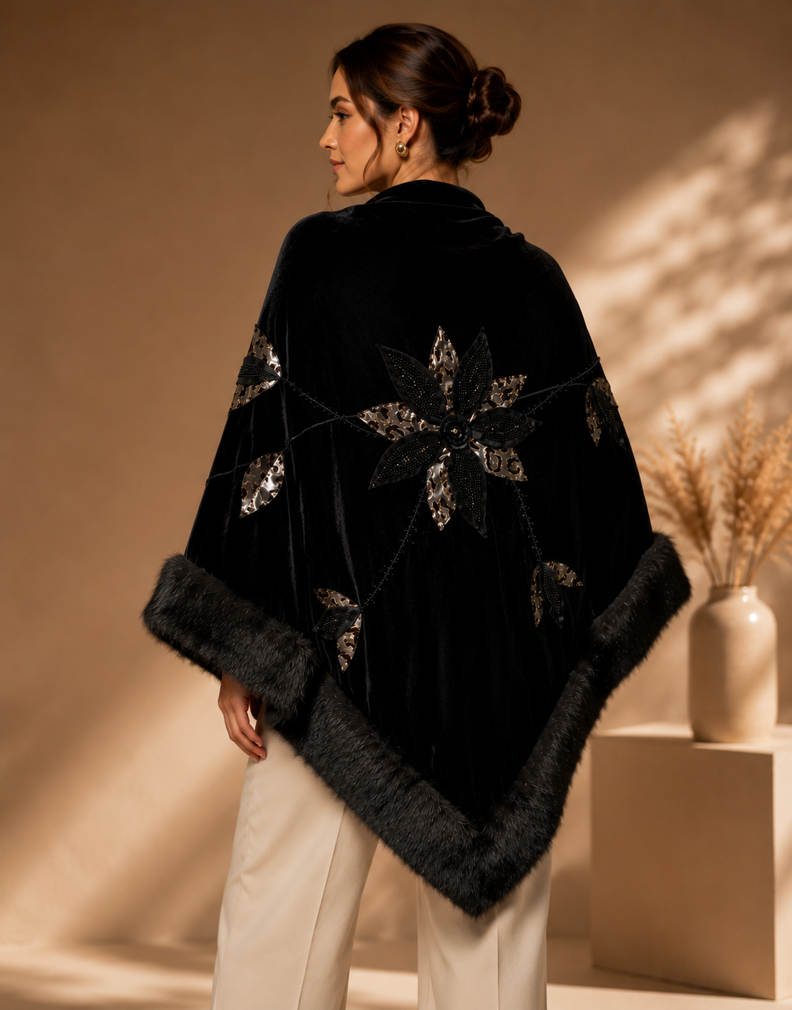 Faux Fur and Velvet Shawl with Aplique