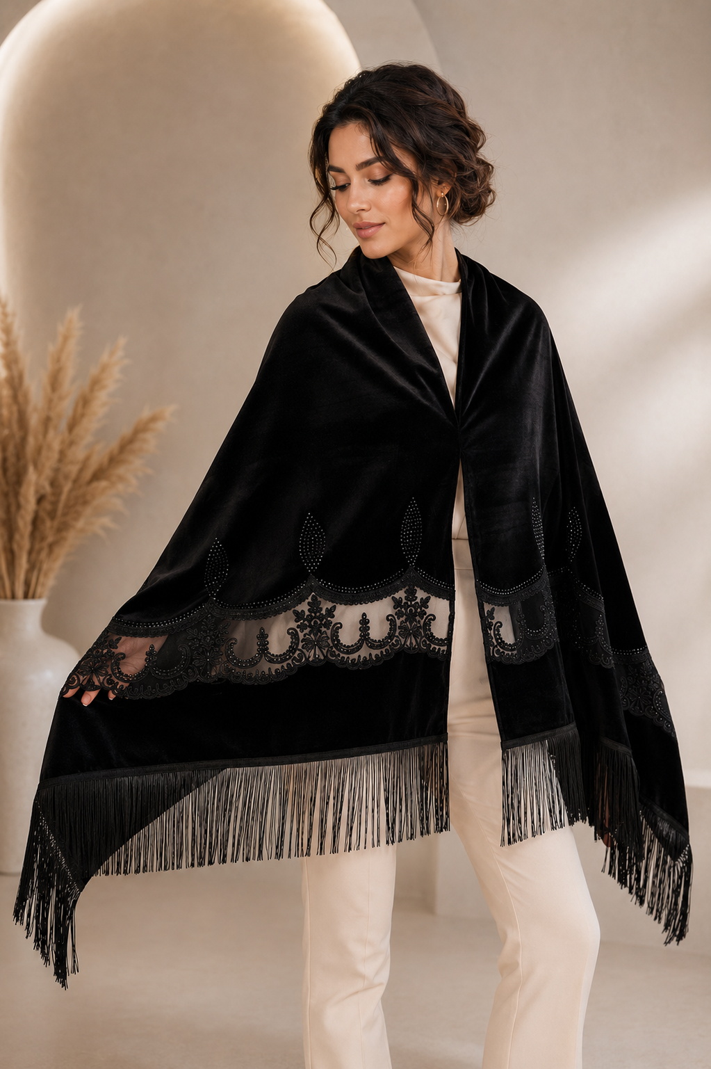 Black Embroidery Velvet Shawl with Crystal Stones