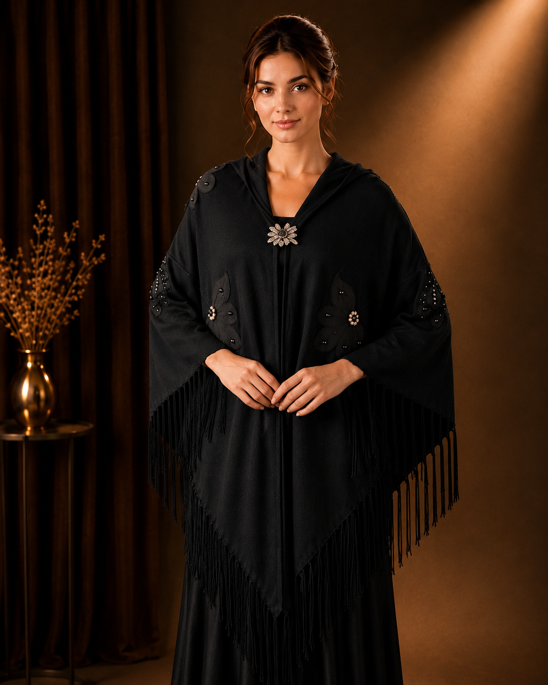 Black Knit Shawl with Embroidery and Crystal Embellishments