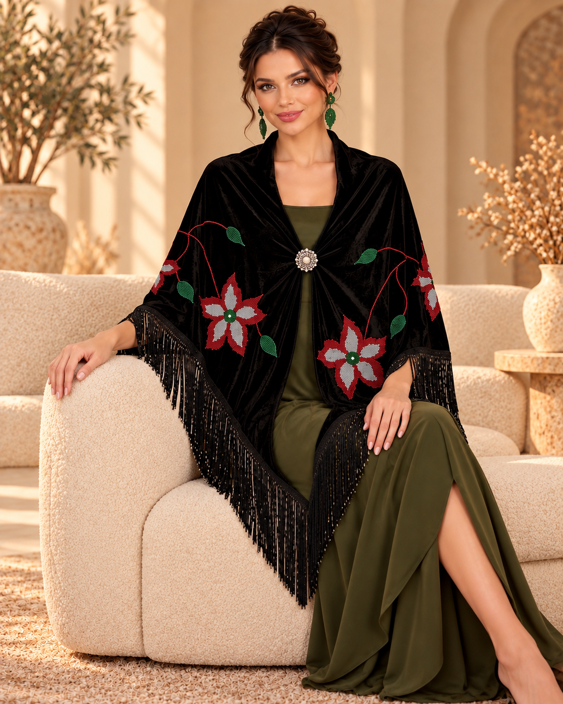 Velvet Shawl with Crystal Floral Stones