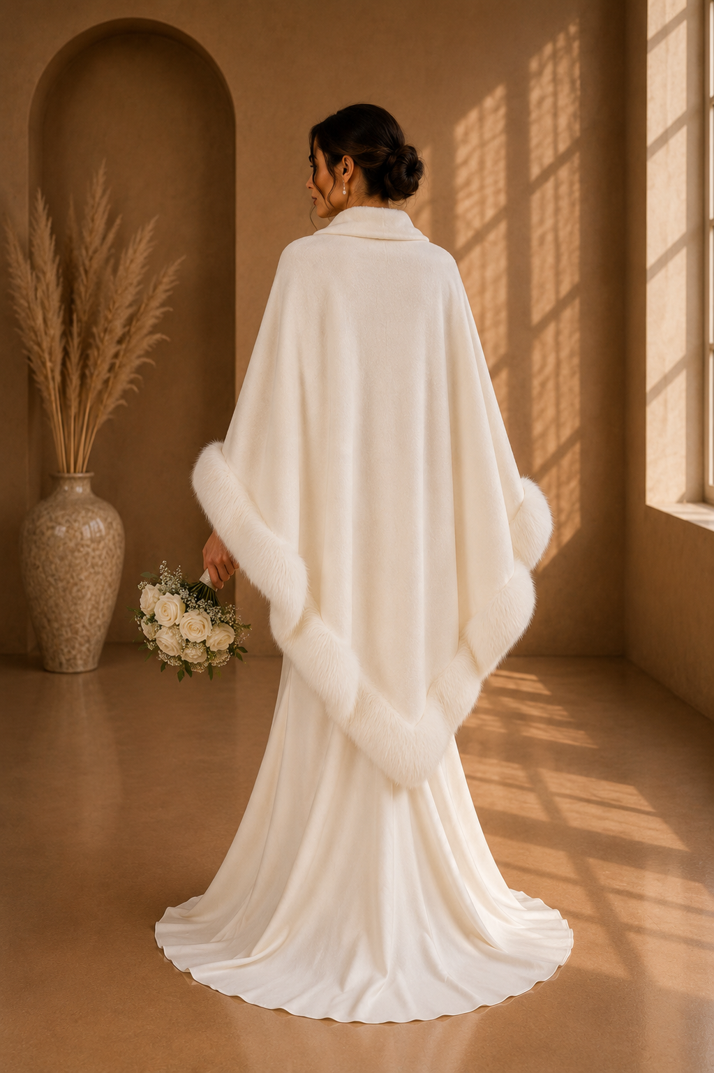 White Plain Wedding Knit Shawl with Faux Fur