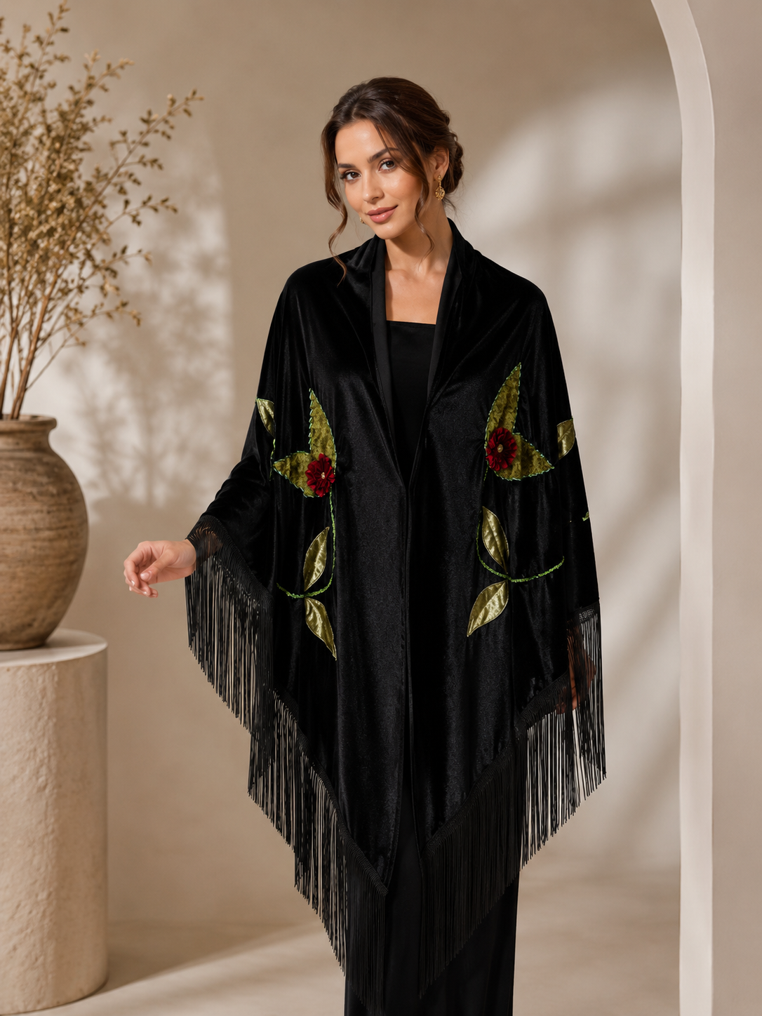 Handmade Embellisment Flower Aplique Velvet Black Shawl