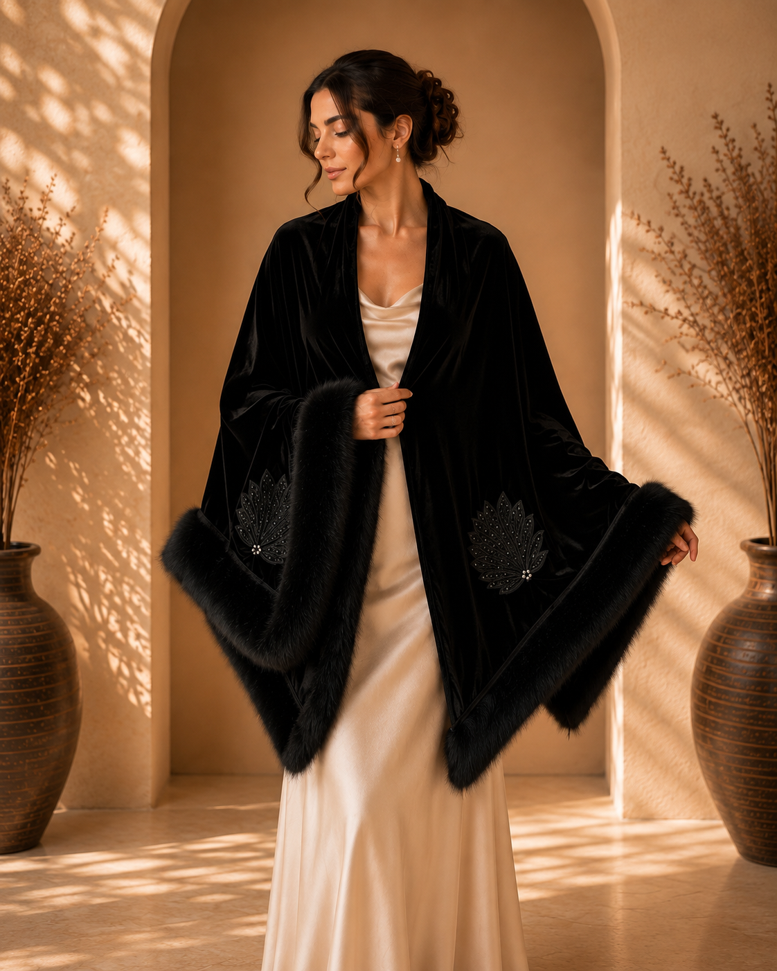 Velvet Evening Crystal Stones Embroidery Shawl with Faux Fur
