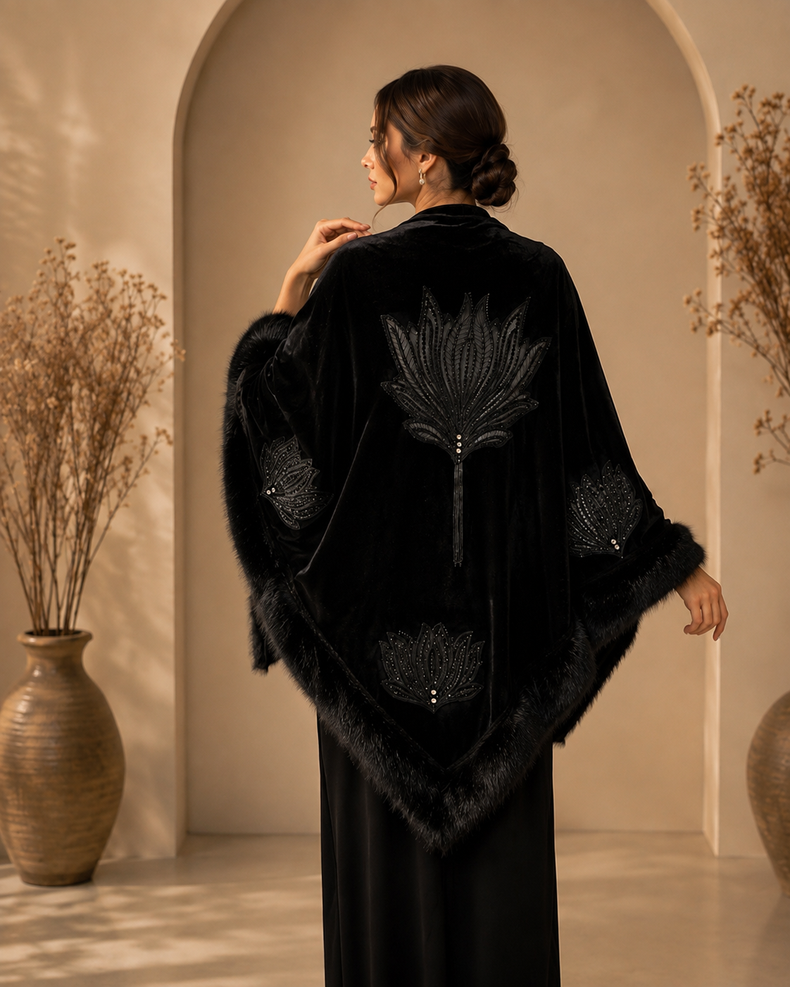 Velvet Evening Crystal Stones Embroidery Shawl with Faux Fur