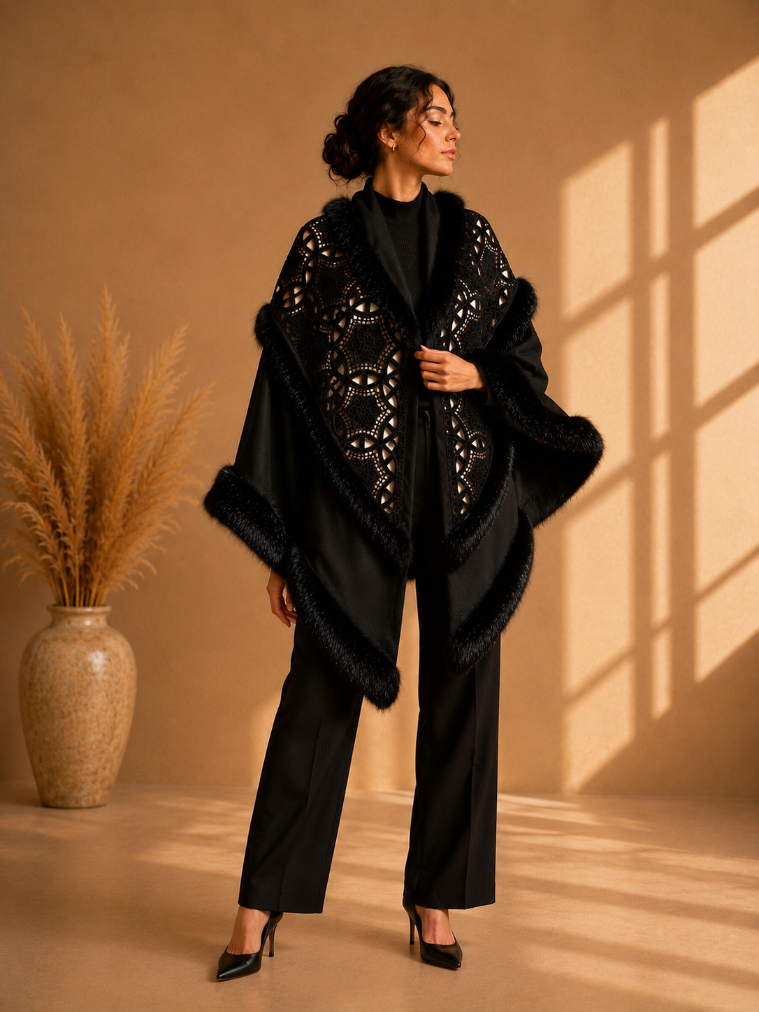 Black Embroidery Knit Shawl with Faux Fur