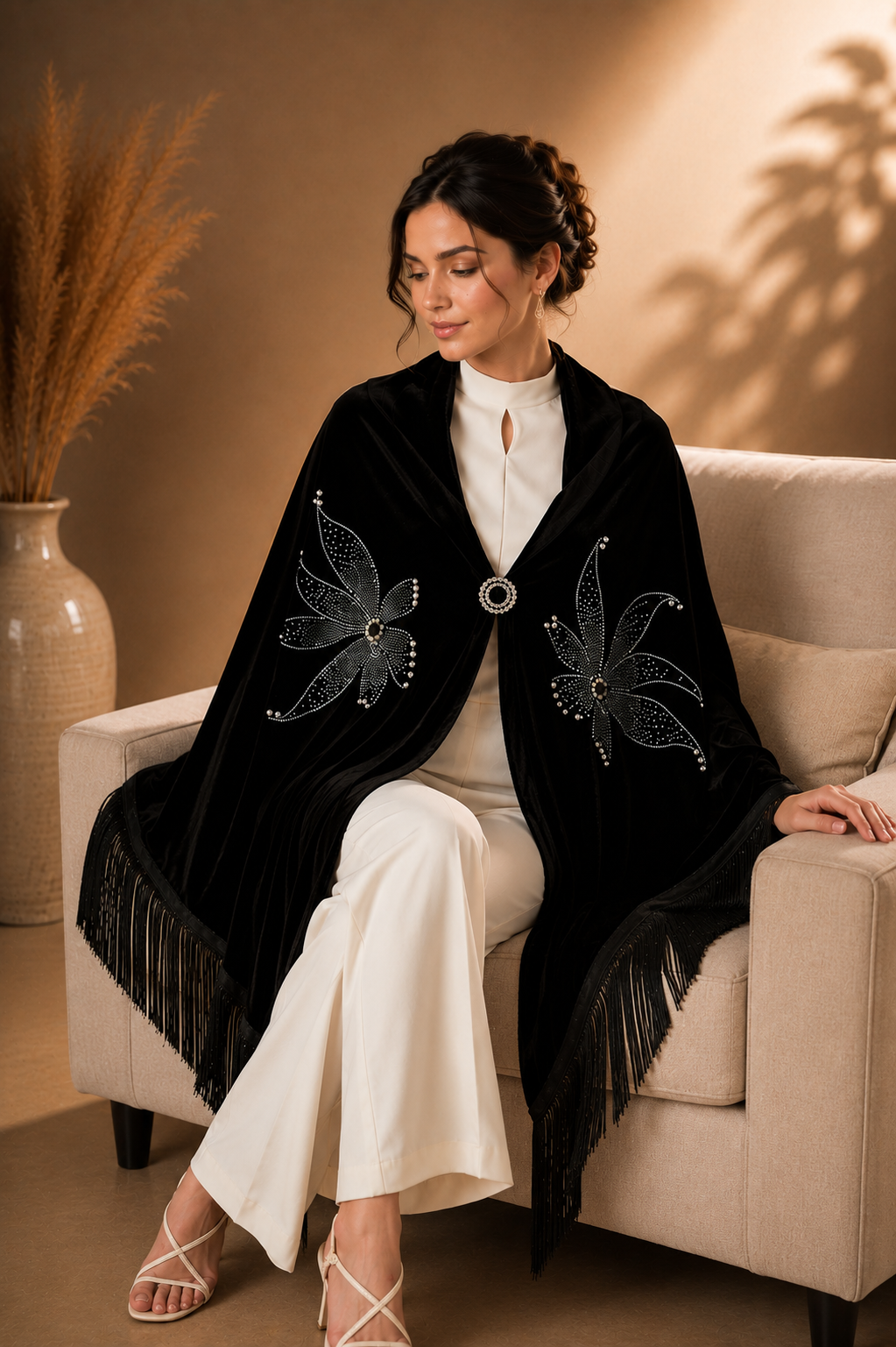 Velvet Shawl with Crystal Flower Stones