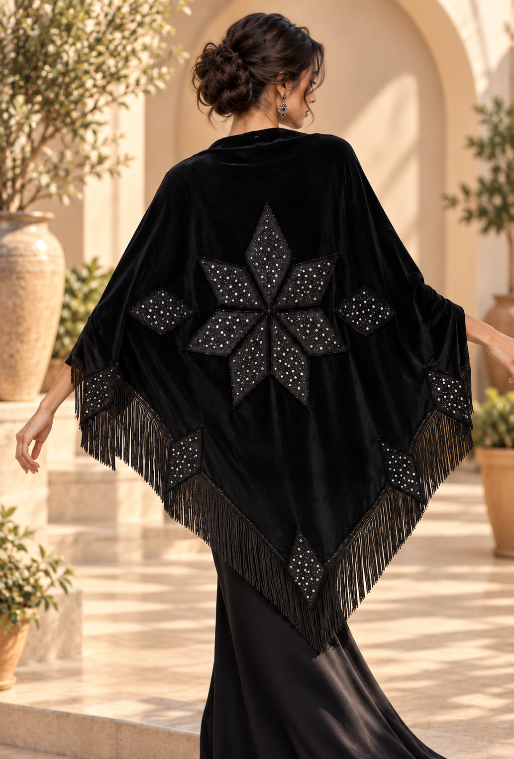 Black Velvet Shawl with Geometric Stones