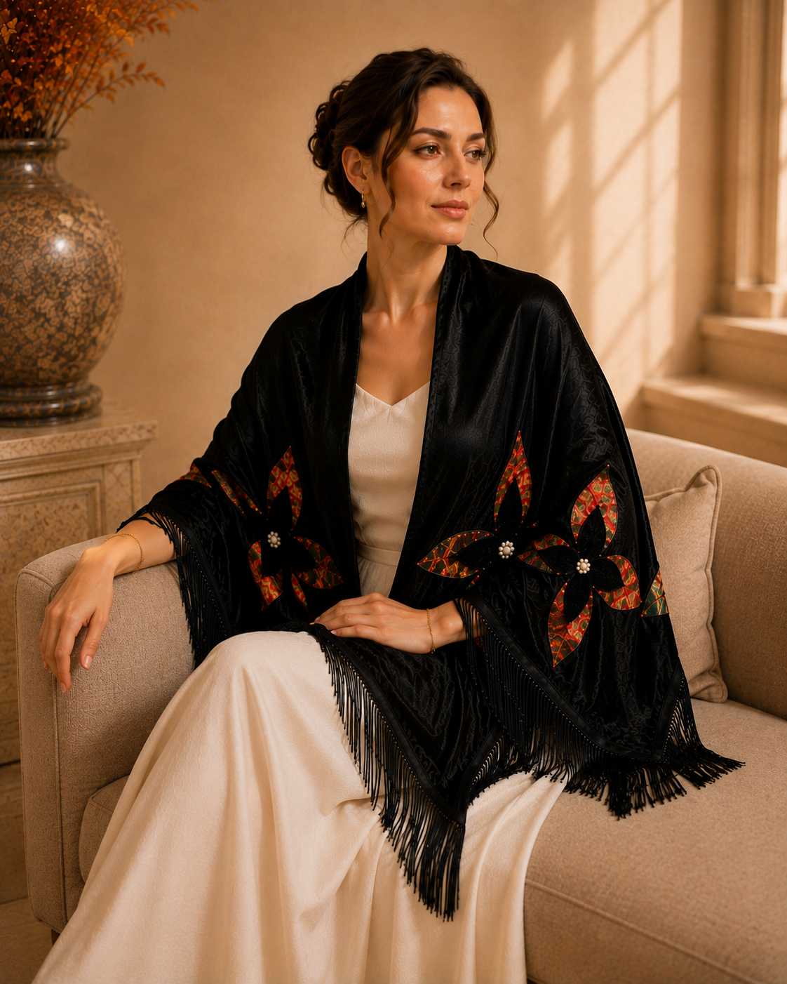 Velvet Evening Shawl with Floral Applique