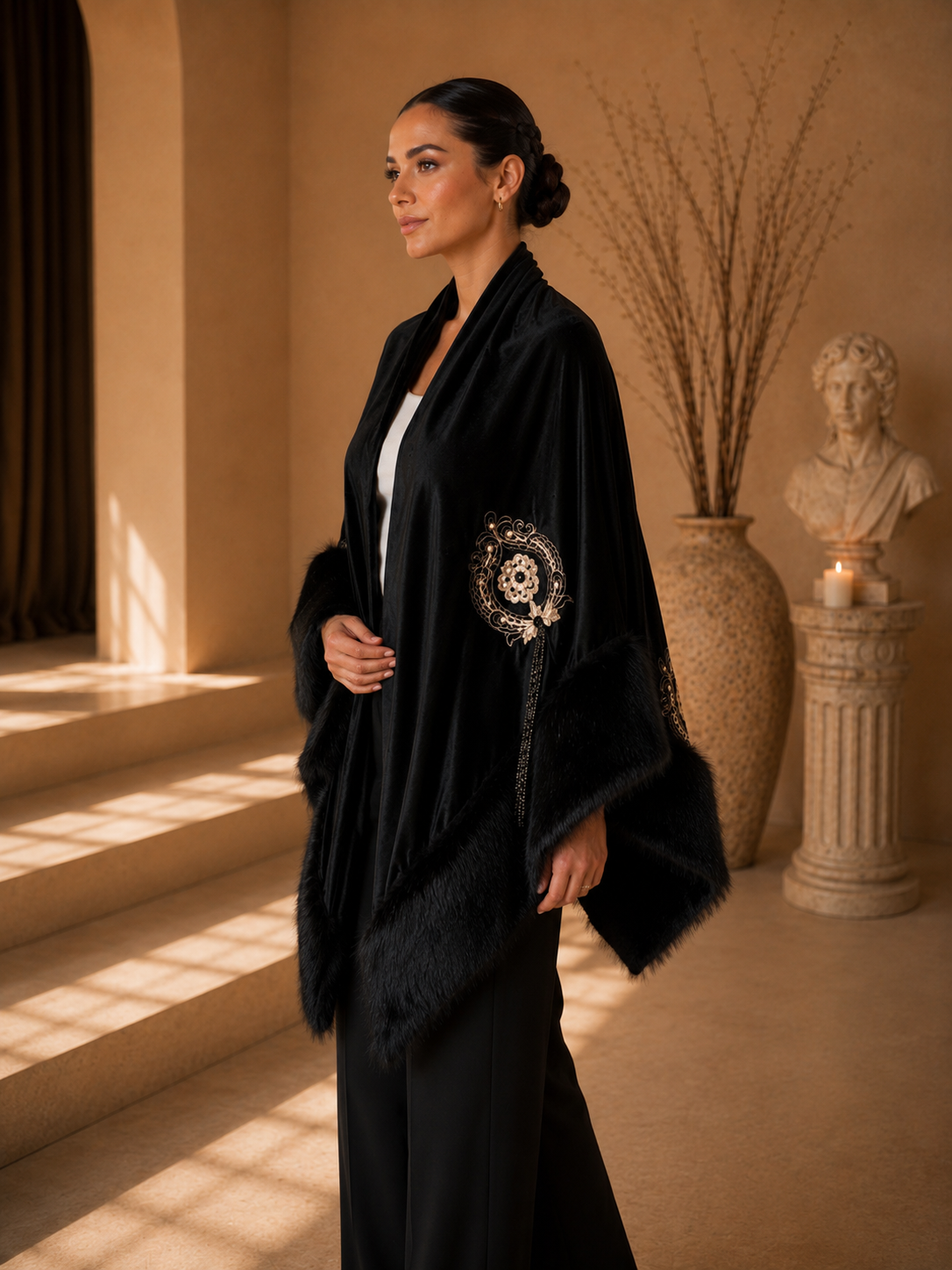 Embroidery Velvet Faux Fur Shawl
