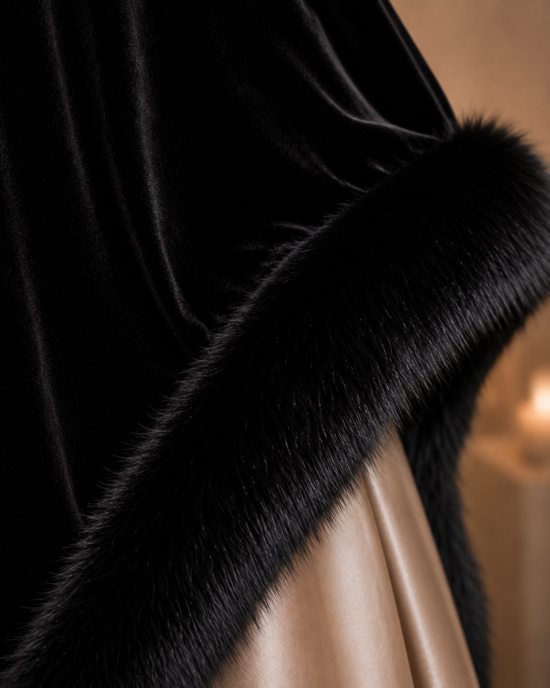 Black Velvet Plain Shawl with Fur Trim
