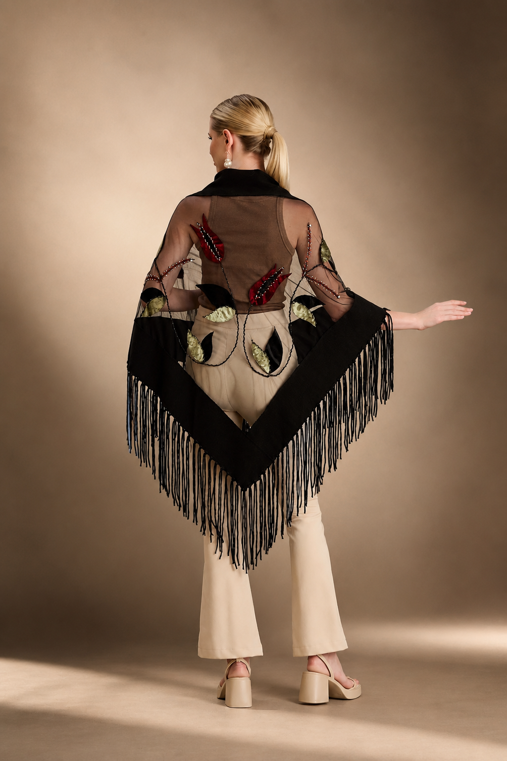 Handmade Stones Colorful Knit and Tulle Shawl