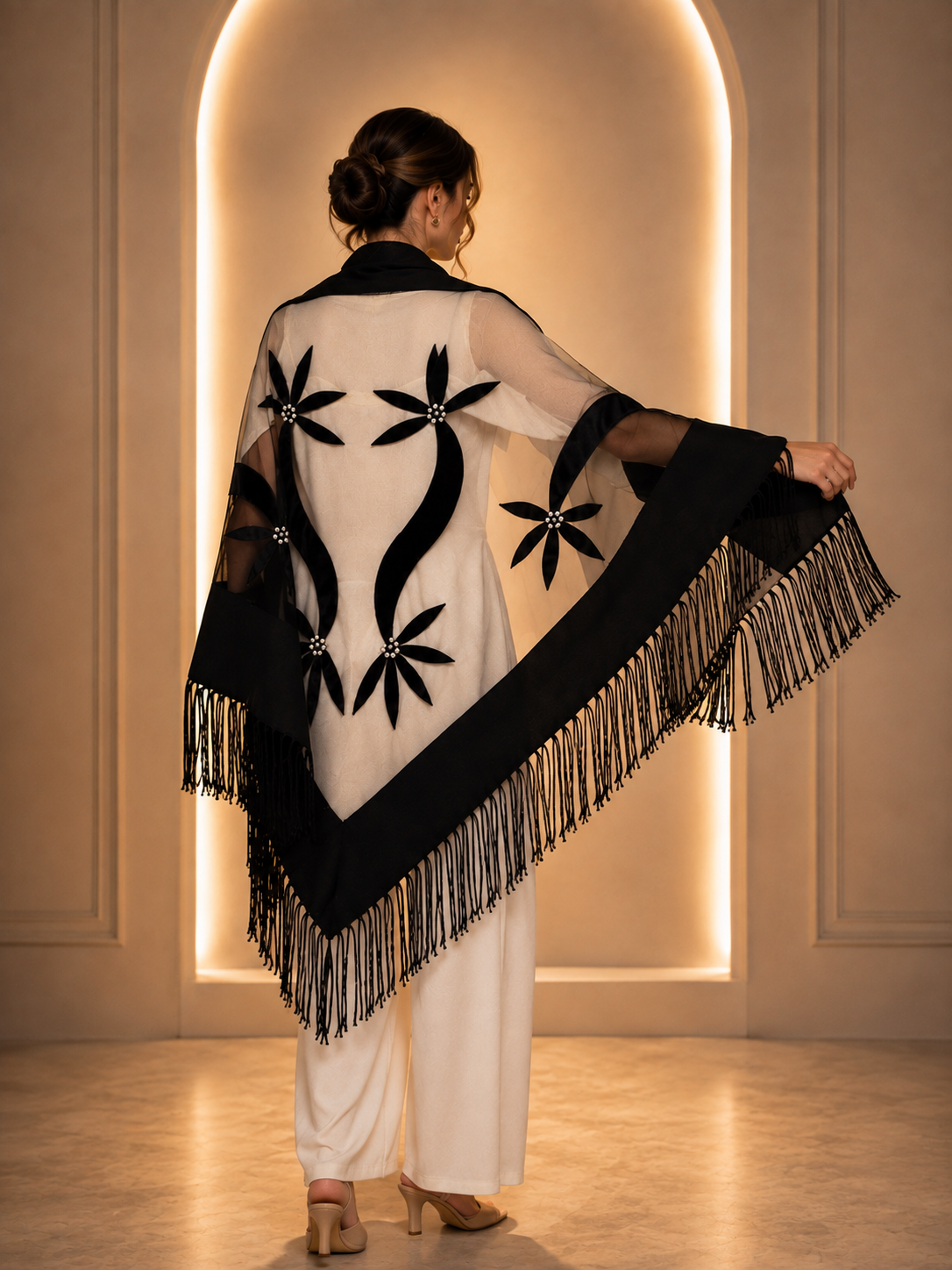 Evening Knit and Tulle Shawl with Velvet Aplique