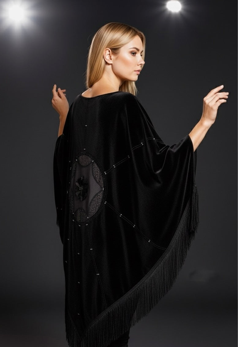 Velvet Shawl with Crystal Stones and Tulle