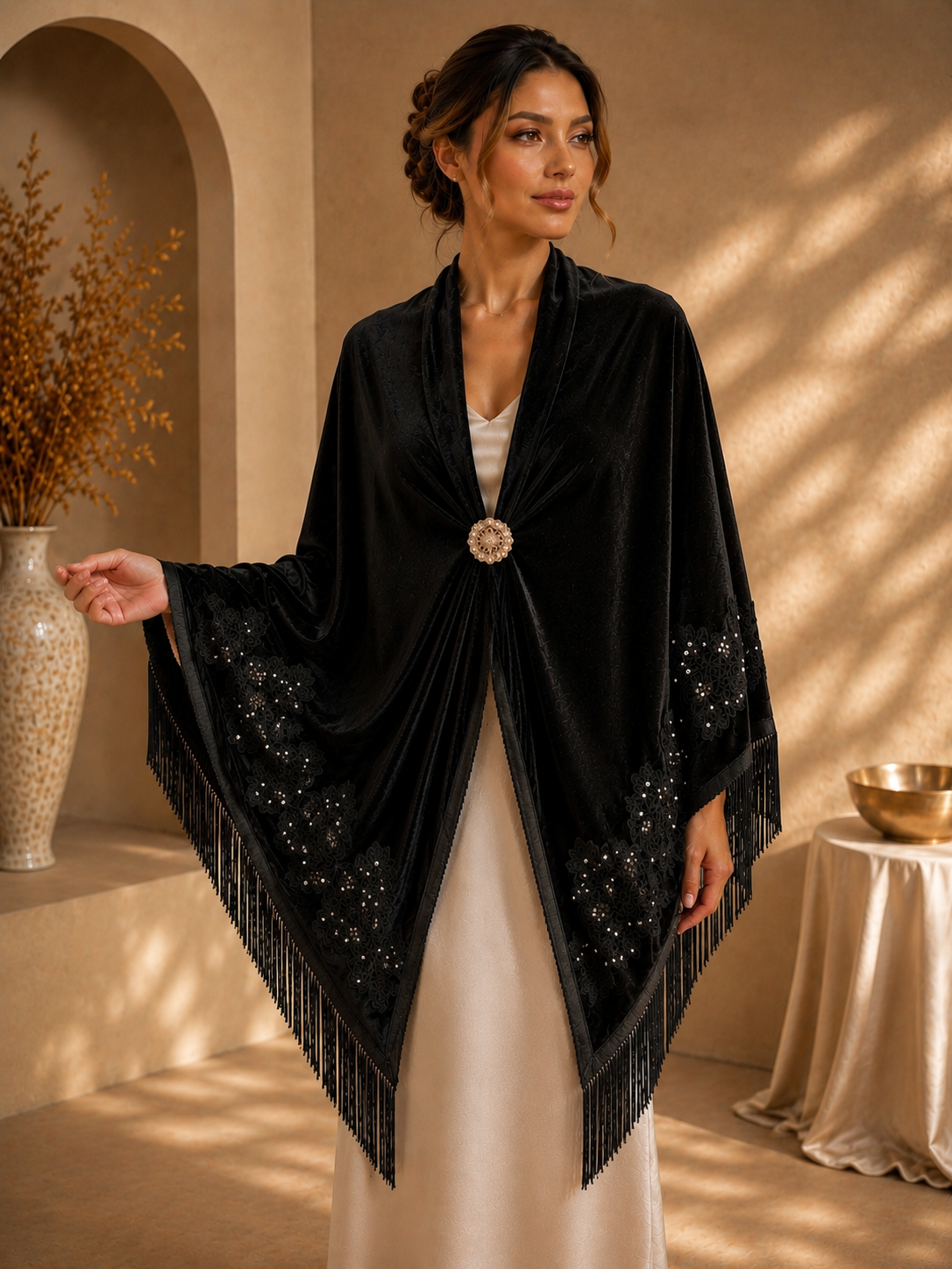 Black Embroidery Velvet Shawl with Pearl