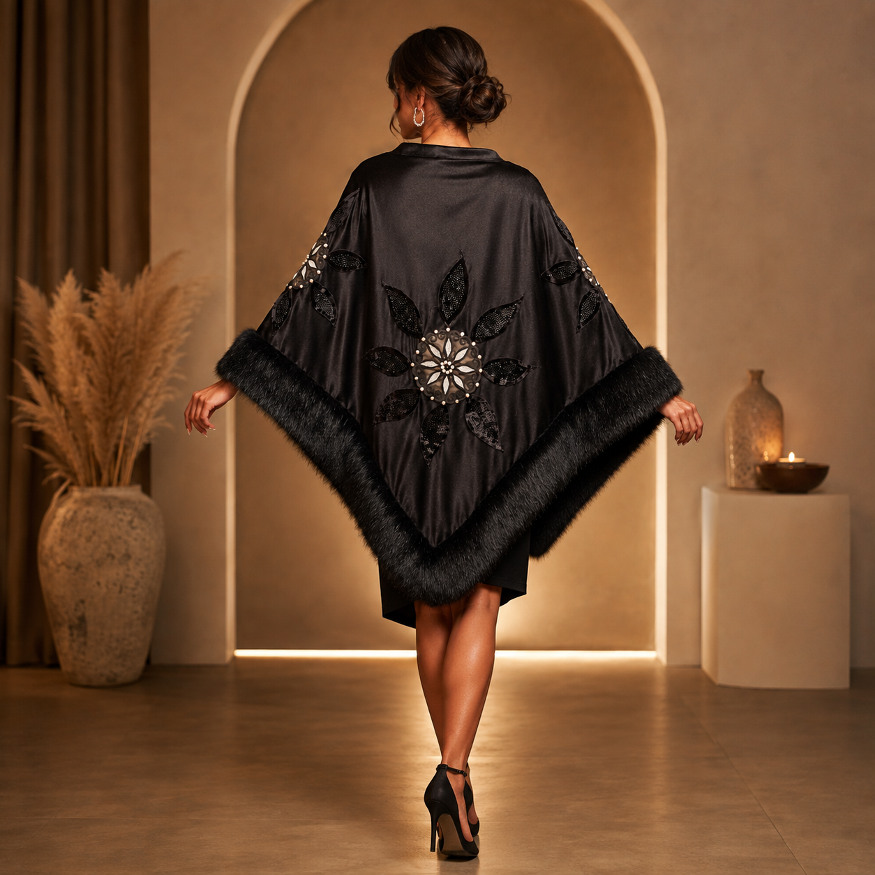 Black Velvet Shawl with Silver Embroidery and Faux Fur
