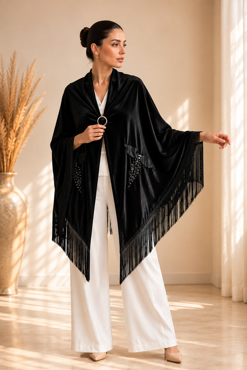 Velvet Black Shawl with Beaded Embellisment