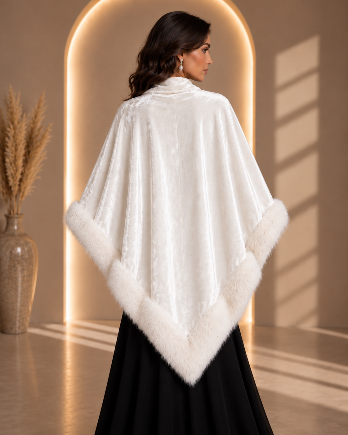White Velvet Plain Shawl with Fur Trim
