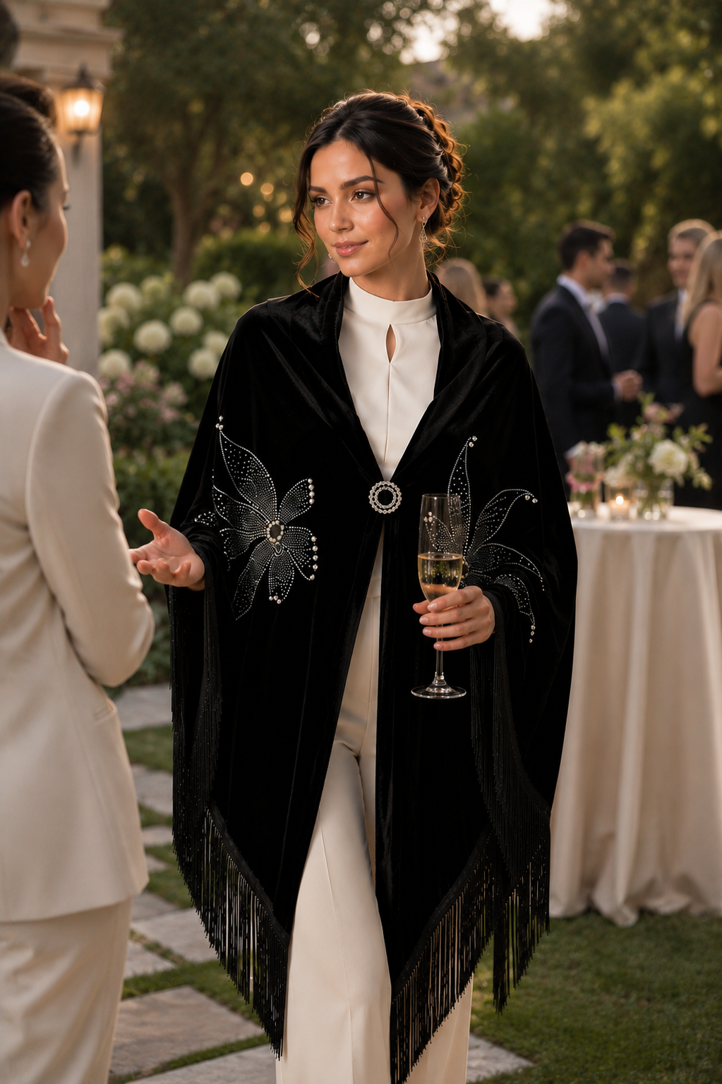 Velvet Shawl with Crystal Flower Stones
