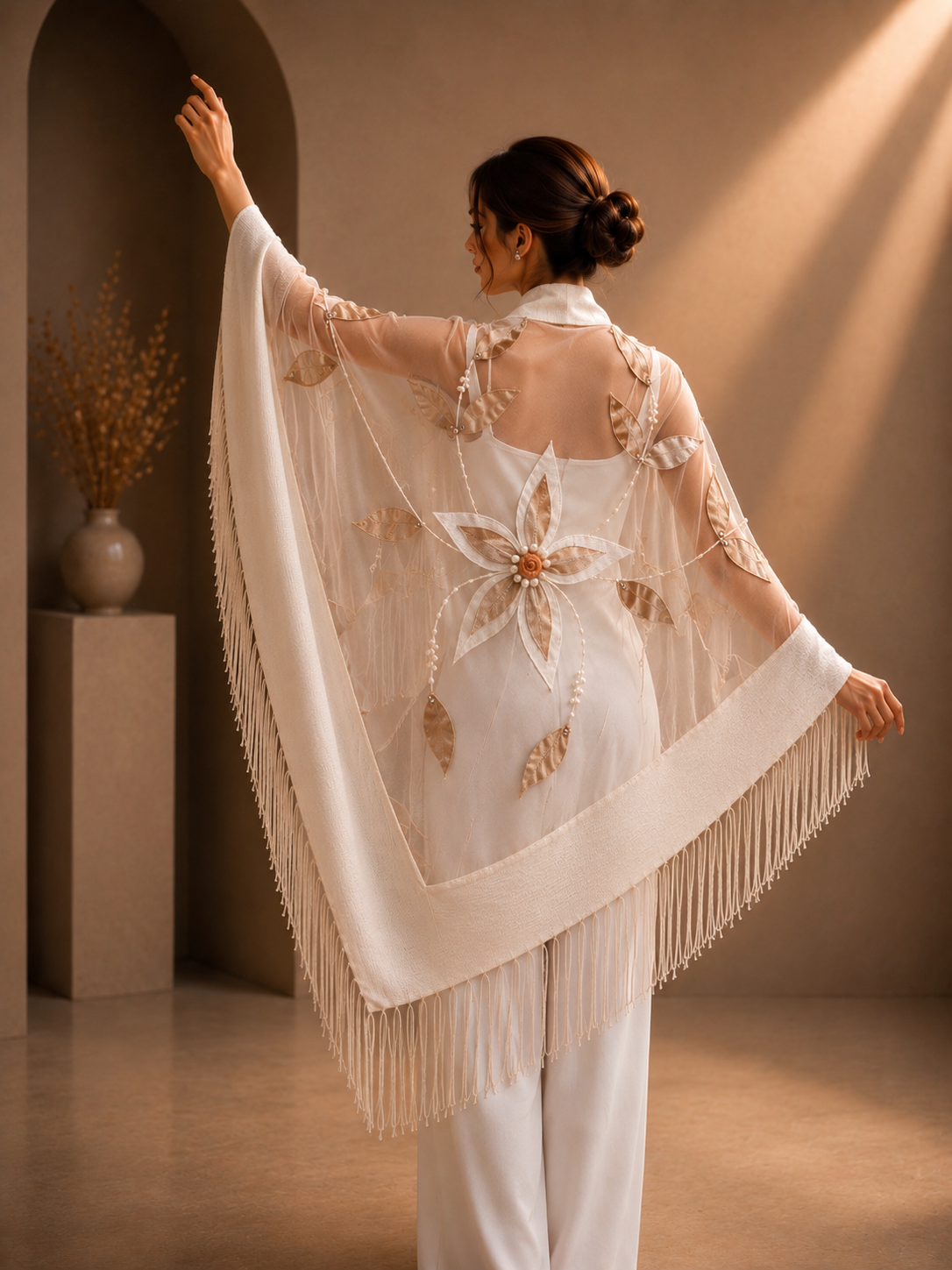 White Bridal Folaral Aplique Knit and Tulle Shawl