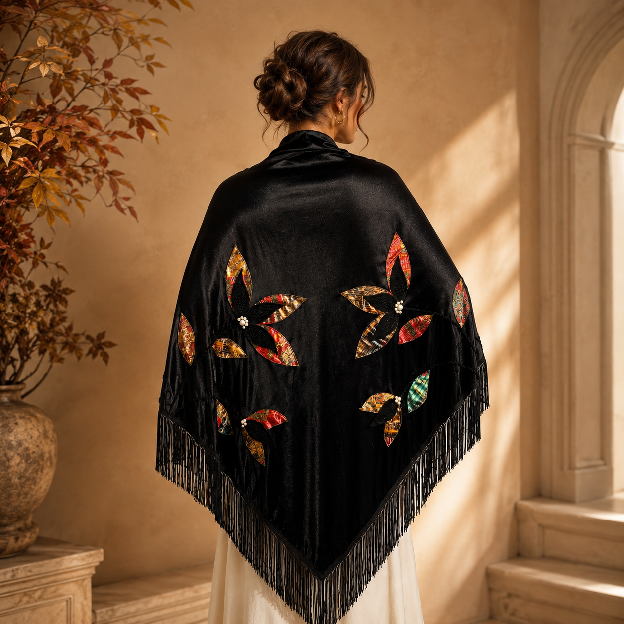 Velvet Evening Shawl with Floral Applique