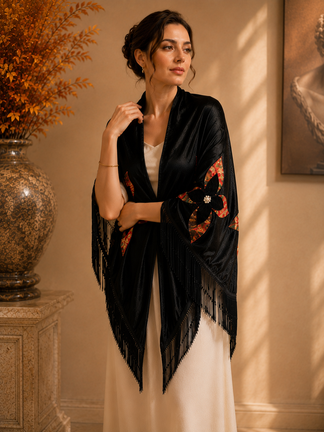 Velvet Evening Shawl with Floral Applique
