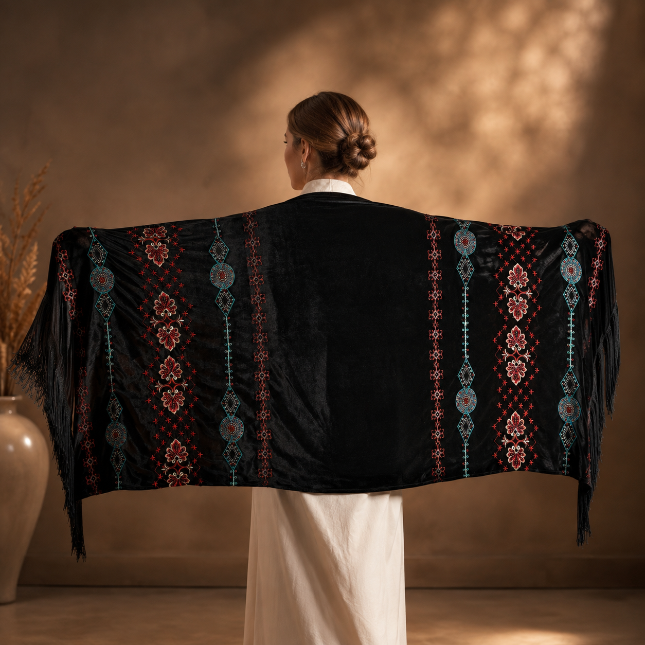 Ethnic Embroidery Black Velvet Shawl