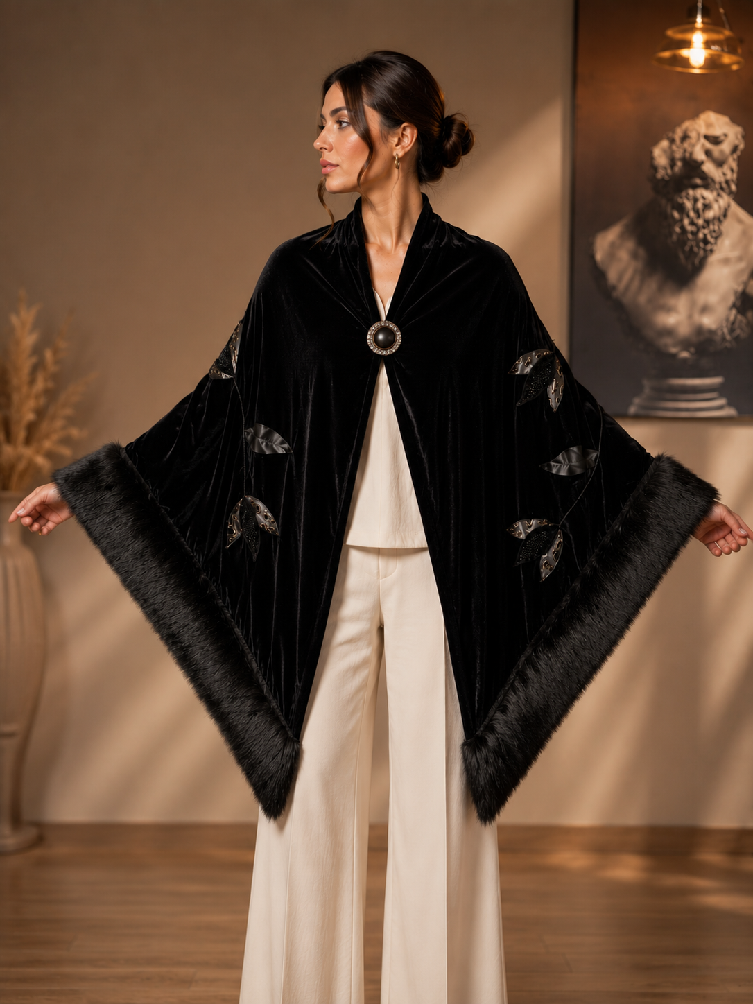 Faux Fur and Velvet Shawl with Aplique