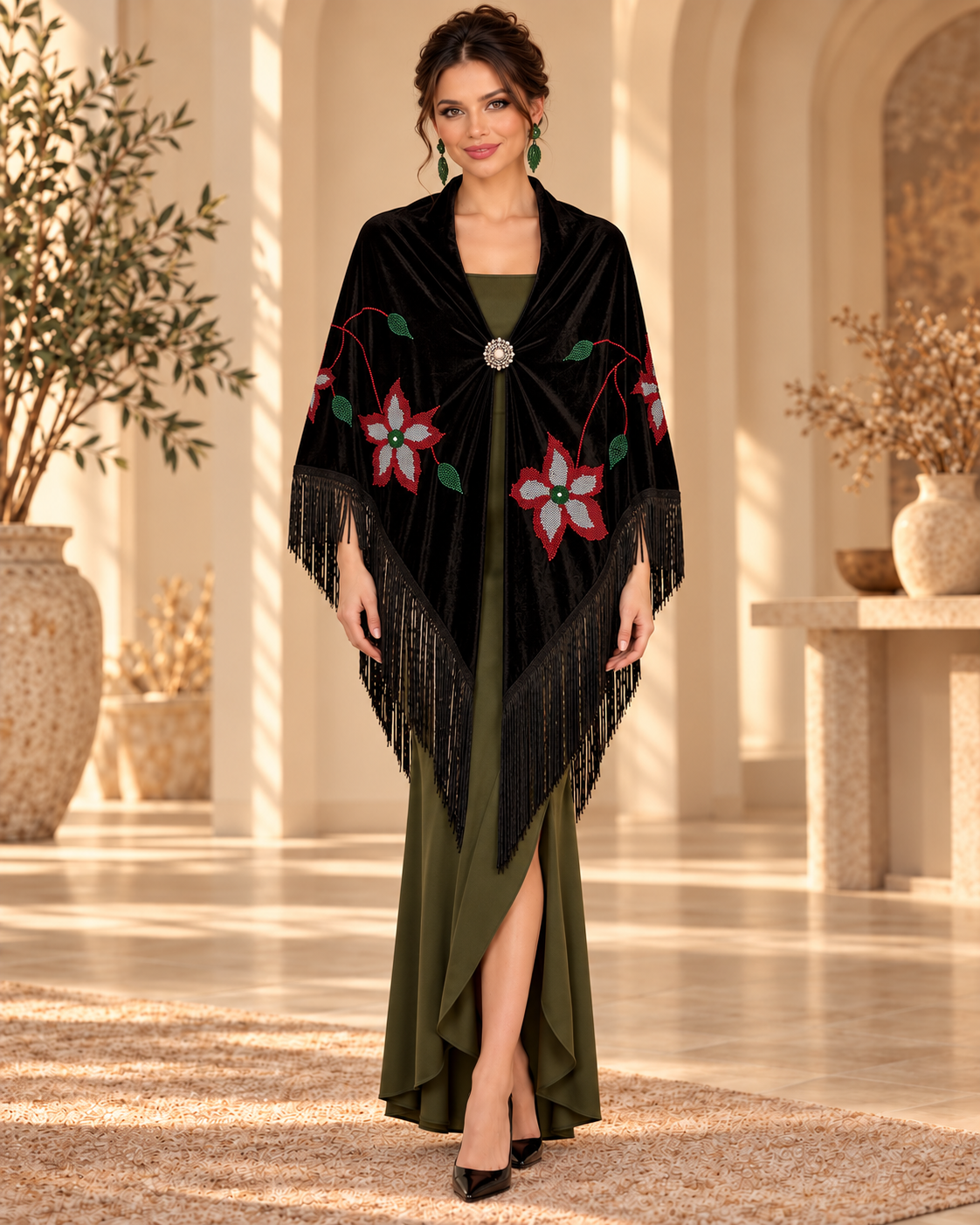 Velvet Shawl with Crystal Floral Stones