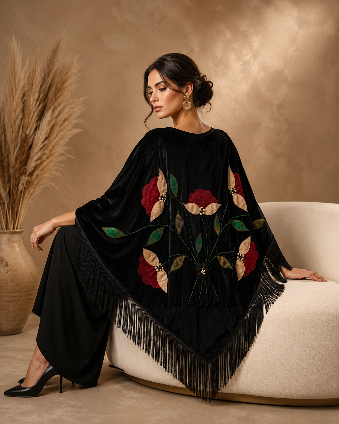Handmade Embellisment Red Flower Aplique Velvet Black Shawl
