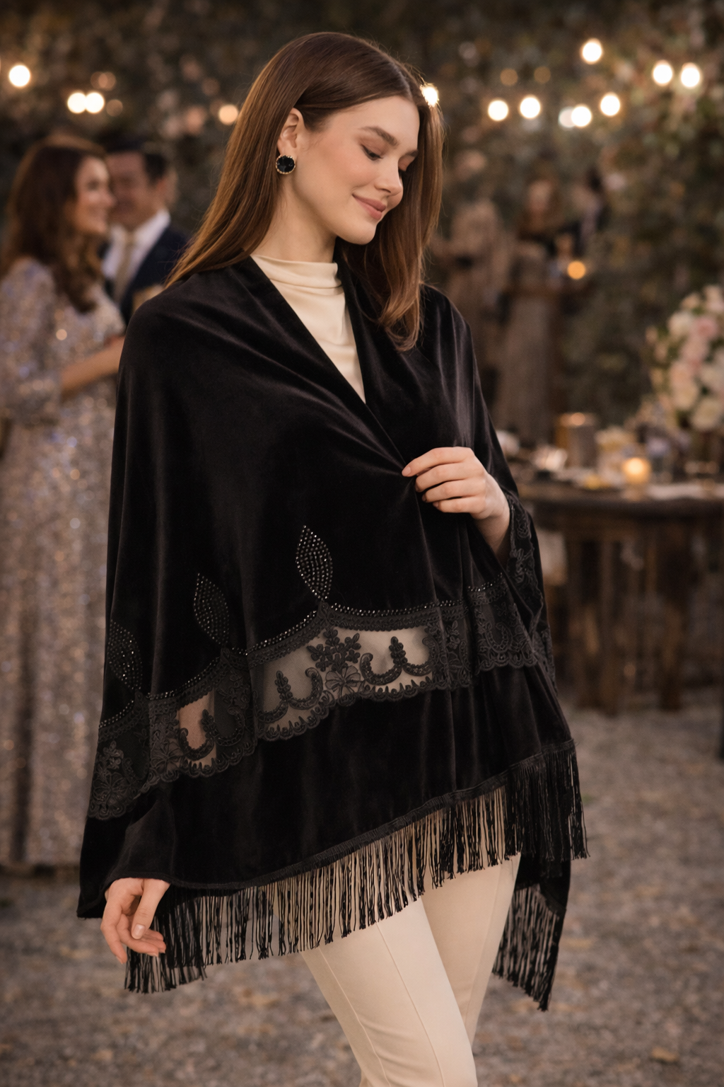 Black Embroidery Velvet Shawl with Crystal Stones