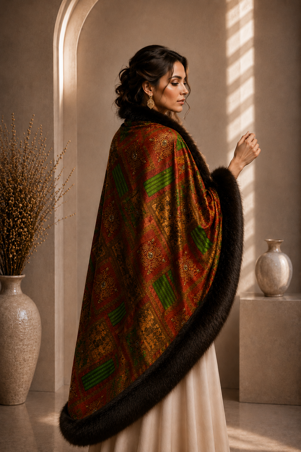 Patterned Velvet Shawl with Faux Fur