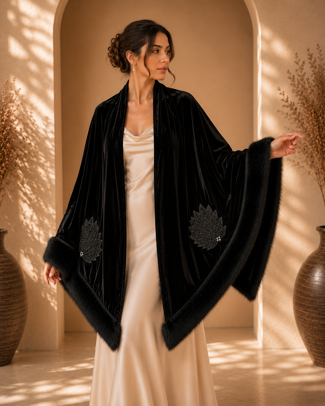 Velvet Evening Crystal Stones Embroidery Shawl with Faux Fur
