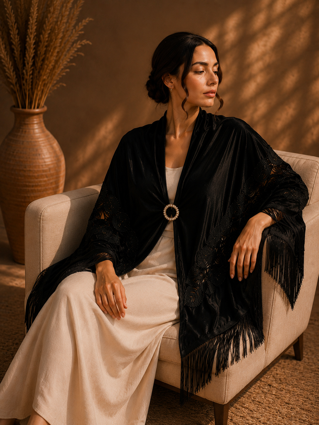 Black Embroidery Velvet Shawl with Fringe