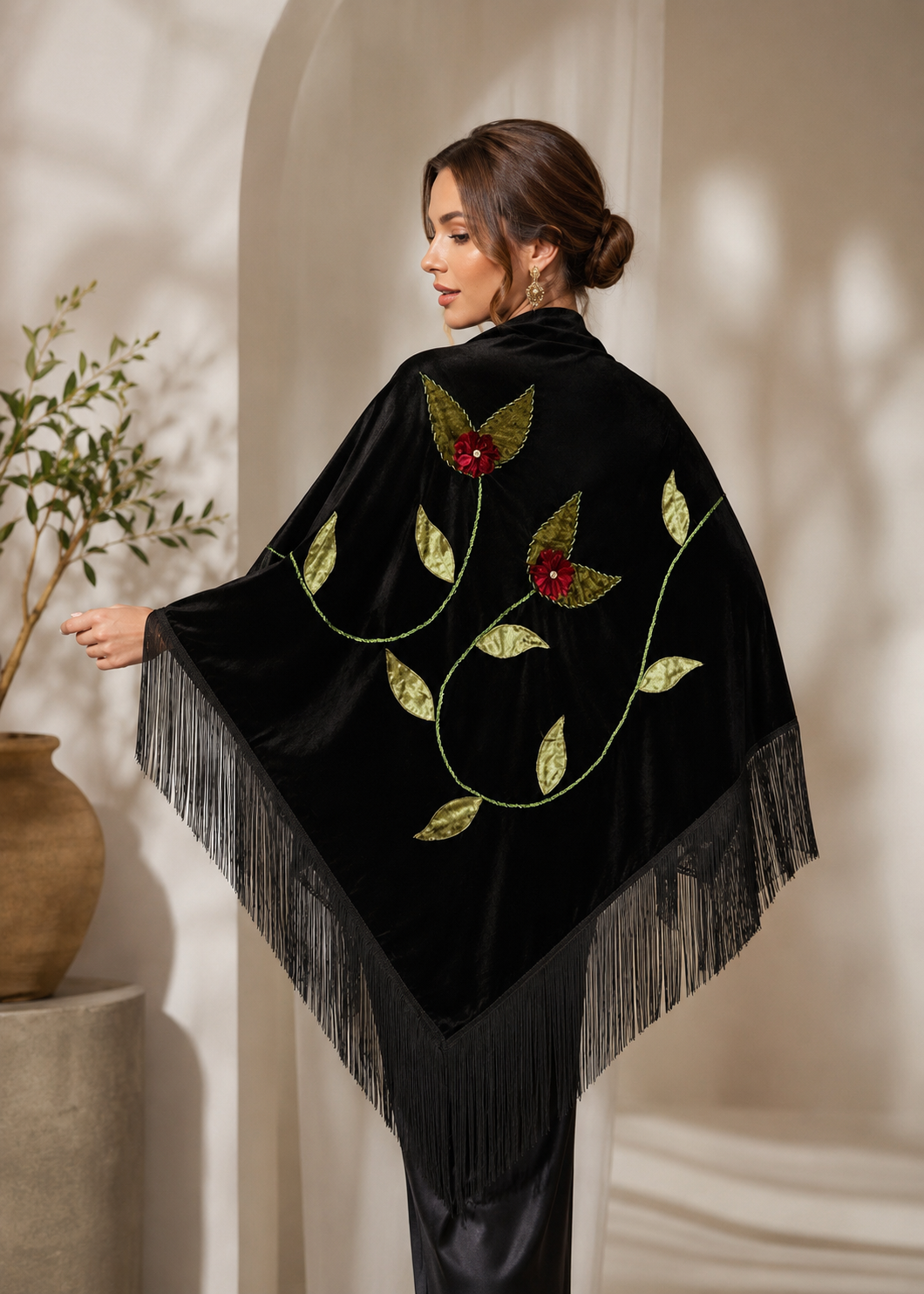 Handmade Embellisment Flower Aplique Velvet Black Shawl