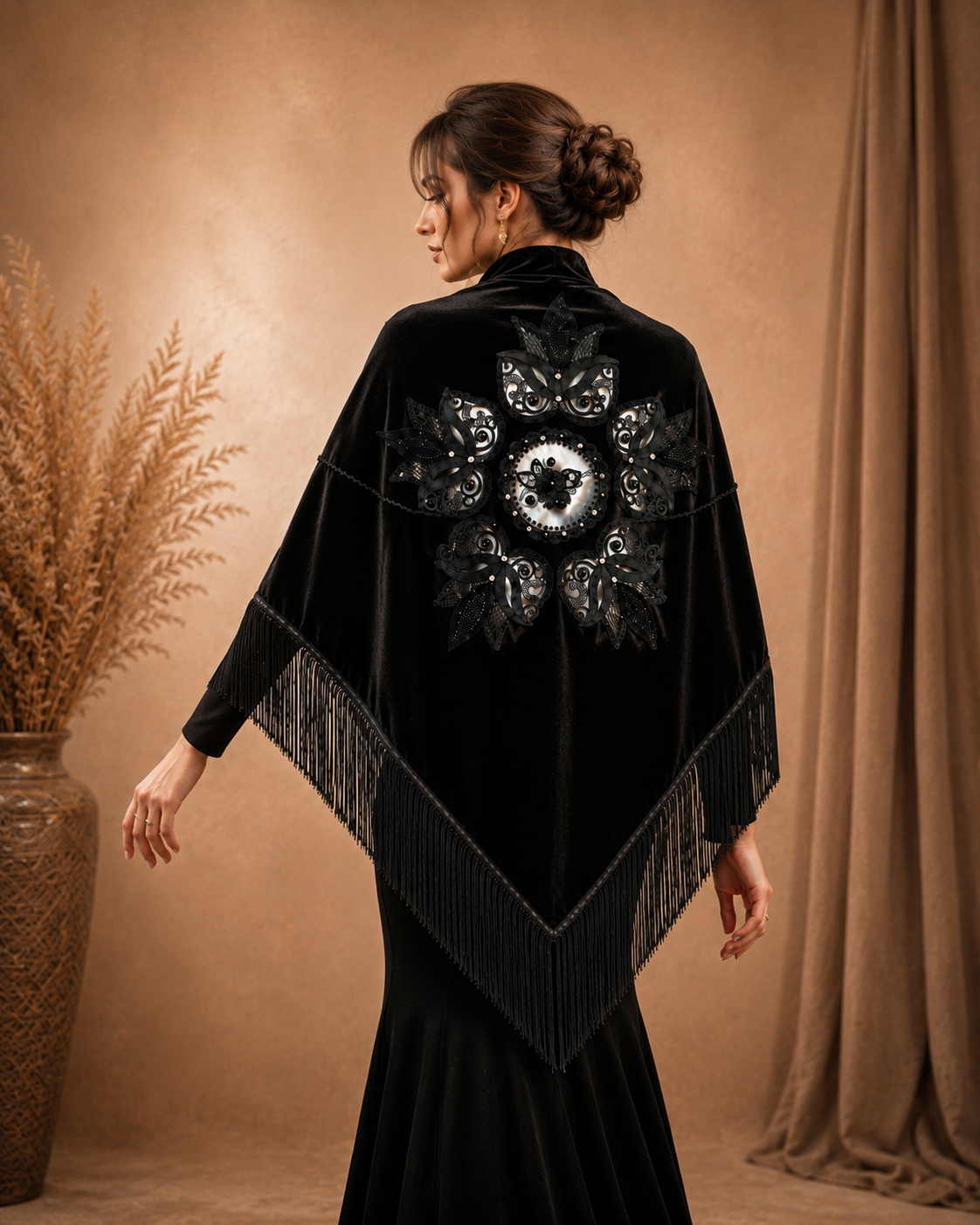 Black Women Shawl with Floral Embroidery