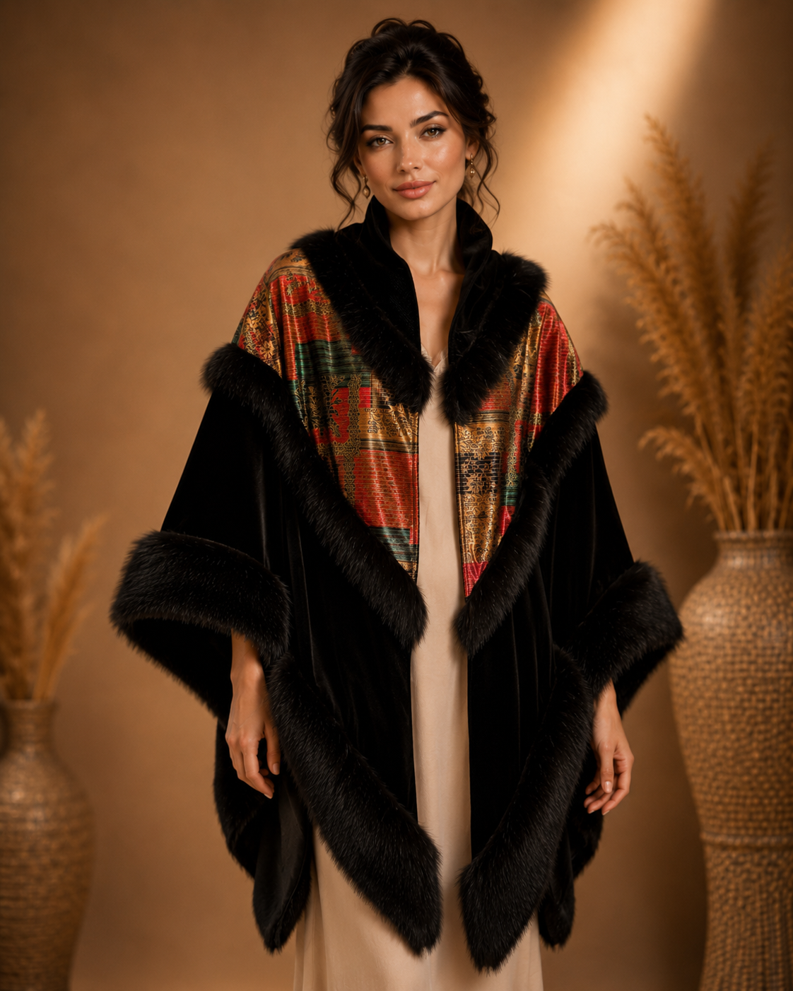 Velvet Shawl with Fur and Red Pattern Fabric